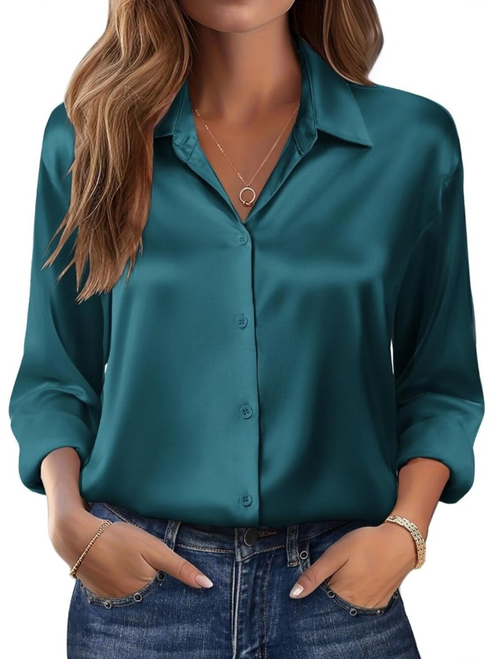 Women Peacock Blue Long Sleeve Satin Silk Button Down Casual Blouses Top T-Shirt